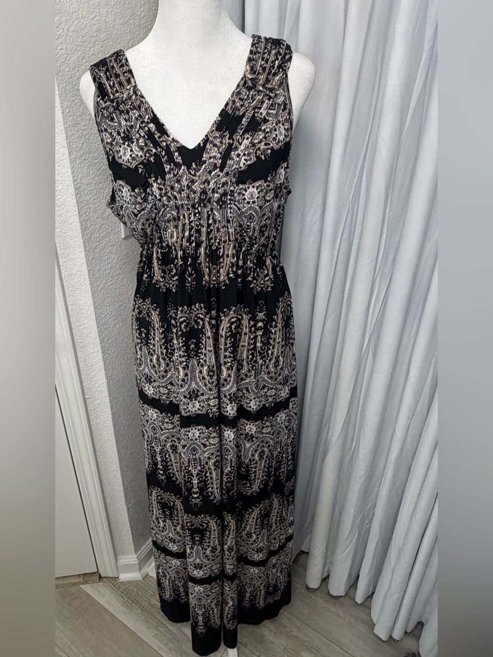 Style & Co. Boho Paisley Embellished Sleeveless Maxi Dress Black Size M NWT